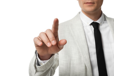 Photo of Businessman touching something on white background, closeup