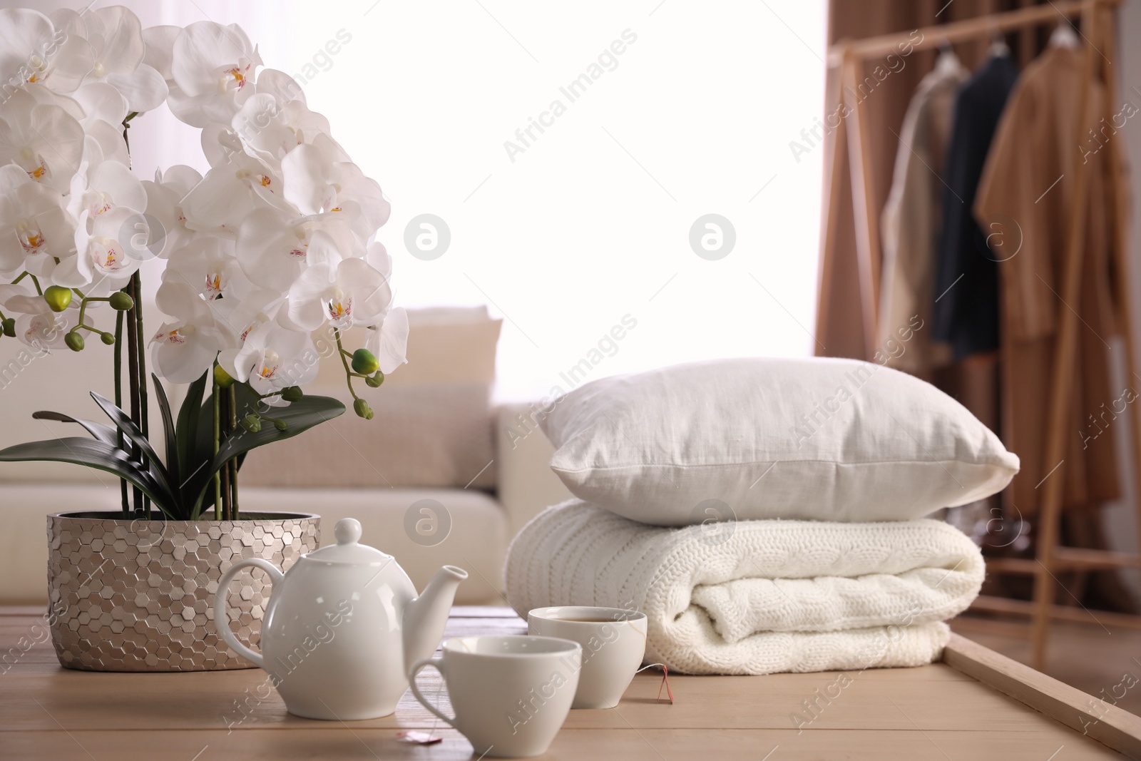 Photo of Beautiful orchid, teapot and cups of tea on table indoors