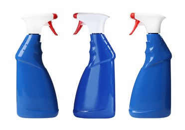 Image of Set with bottles of cleaning products on white background. Household chemicals