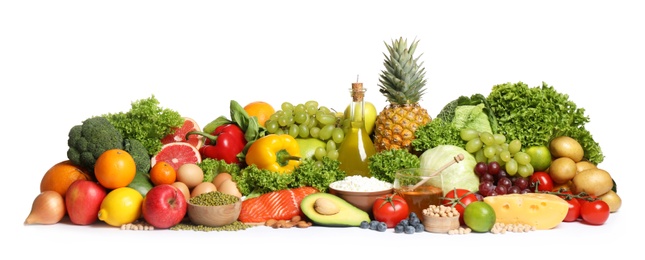 Different food products on white background. Healthy balanced diet