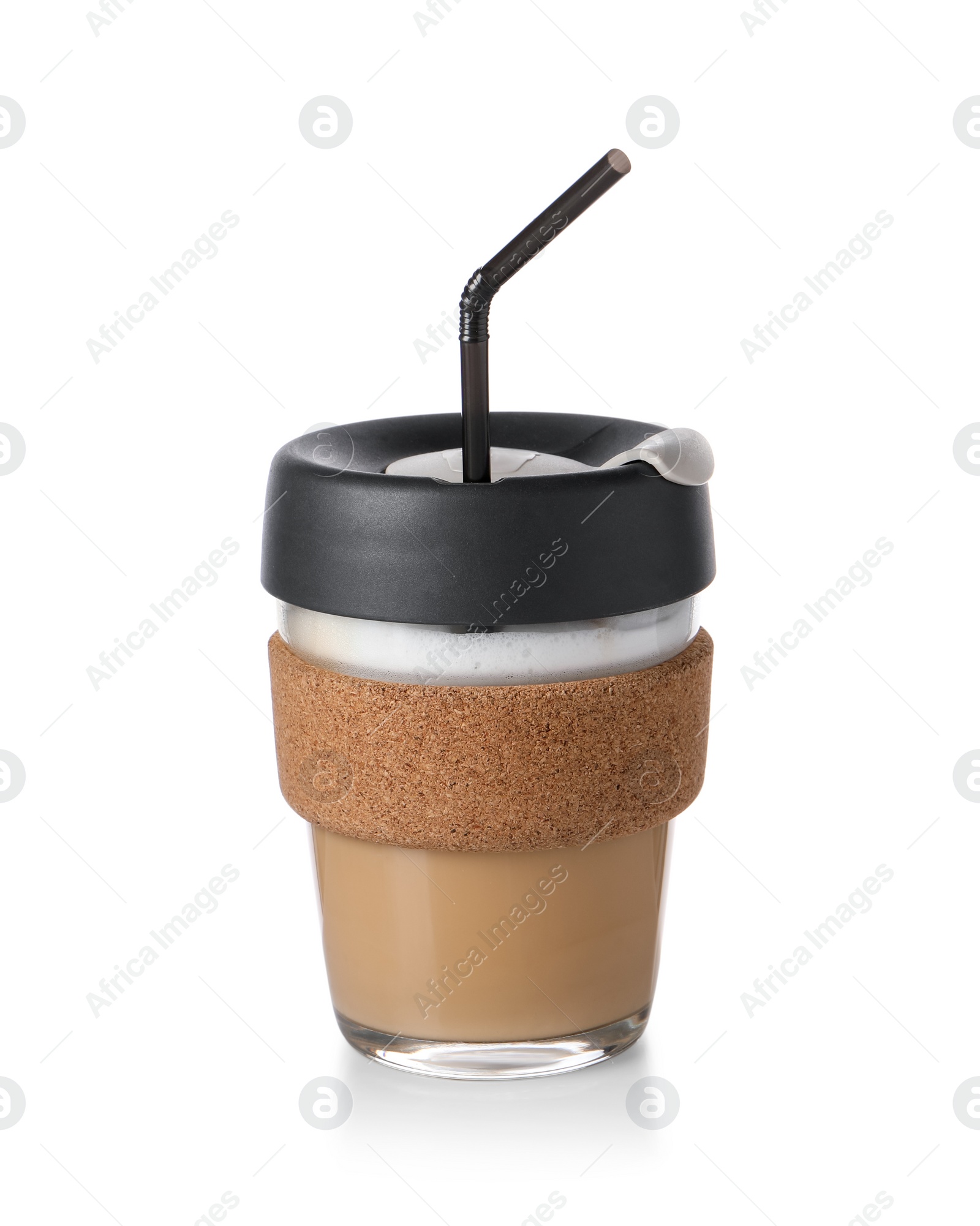 Photo of Tasty latte in takeaway glass isolated on white