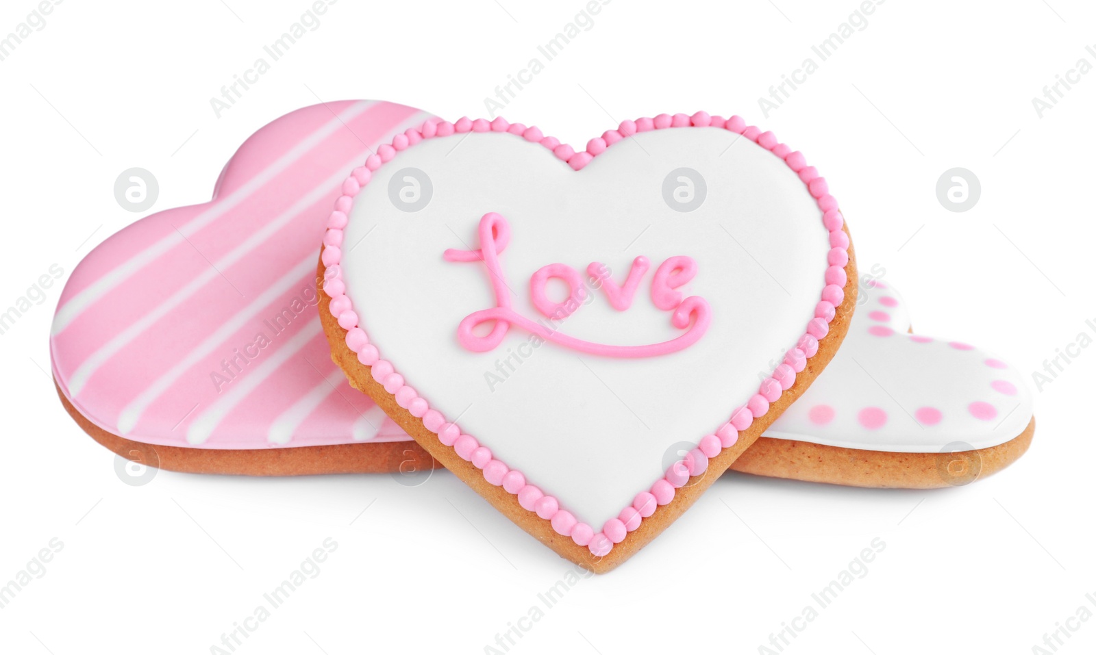 Photo of Different heart shaped cookies on white background. Valentine's day treat