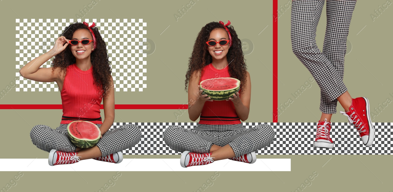 Image of Stylish African American woman on color background, banner collage design. Summer days