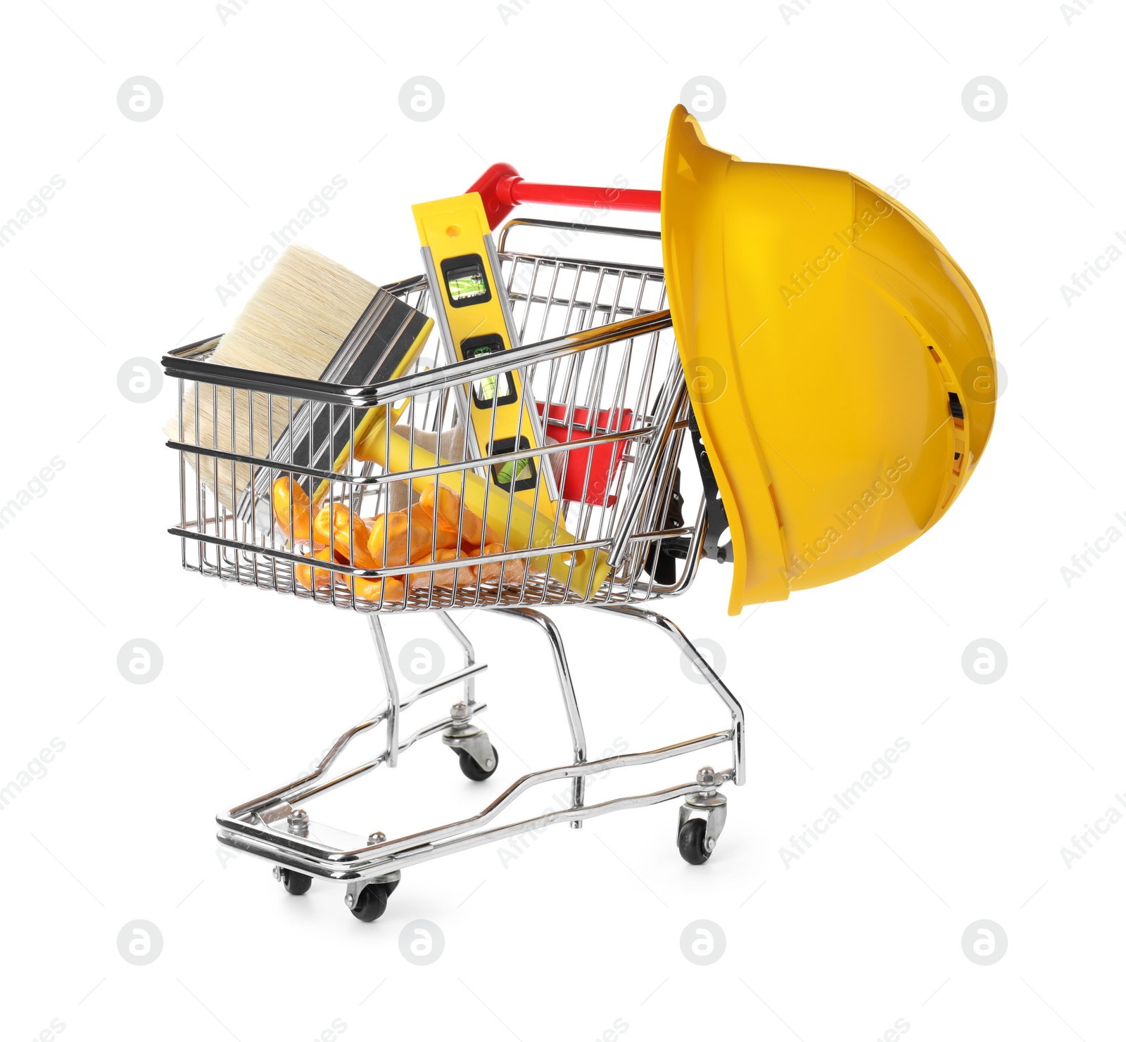 Photo of Small shopping cart with construction level, brush, gloves and hard hat isolated on white