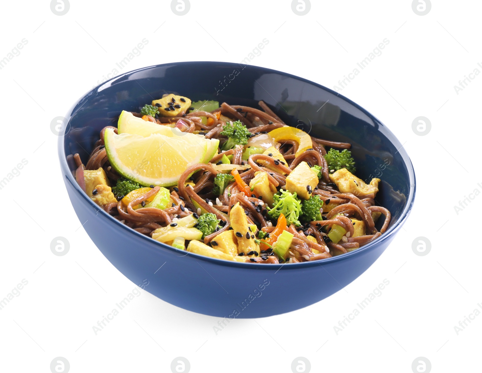 Photo of Stir-fry. Delicious cooked noodles with chicken and vegetables in bowl isolated on white