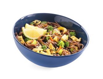 Photo of Stir-fry. Delicious cooked noodles with chicken and vegetables in bowl isolated on white