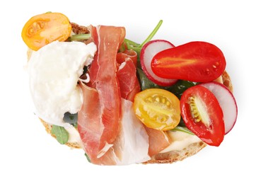 Photo of Delicious sandwich with burrata cheese, ham, radish and tomatoes isolated on white, top view