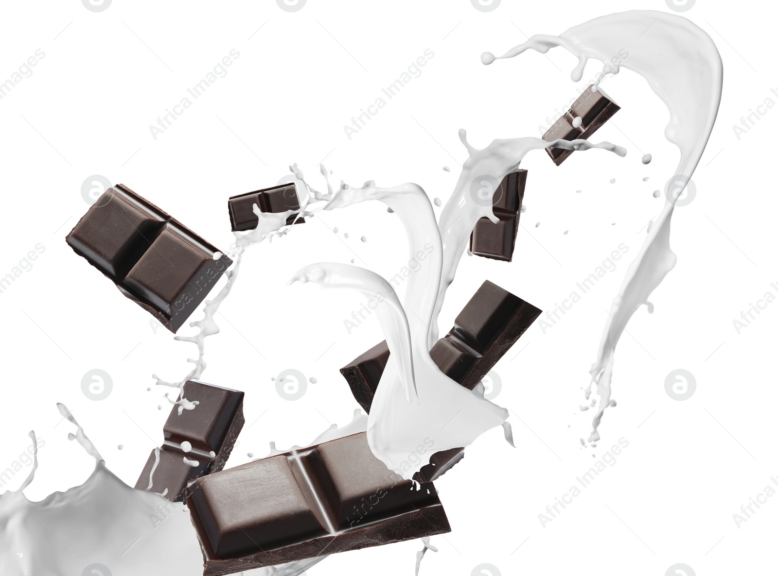 Image of Delicious chocolate and splashes of milk on white background