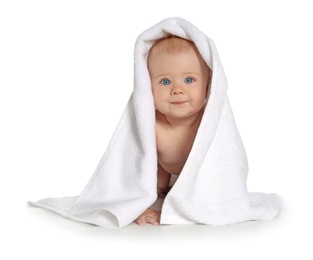 Photo of Cute little baby with soft towel on white background