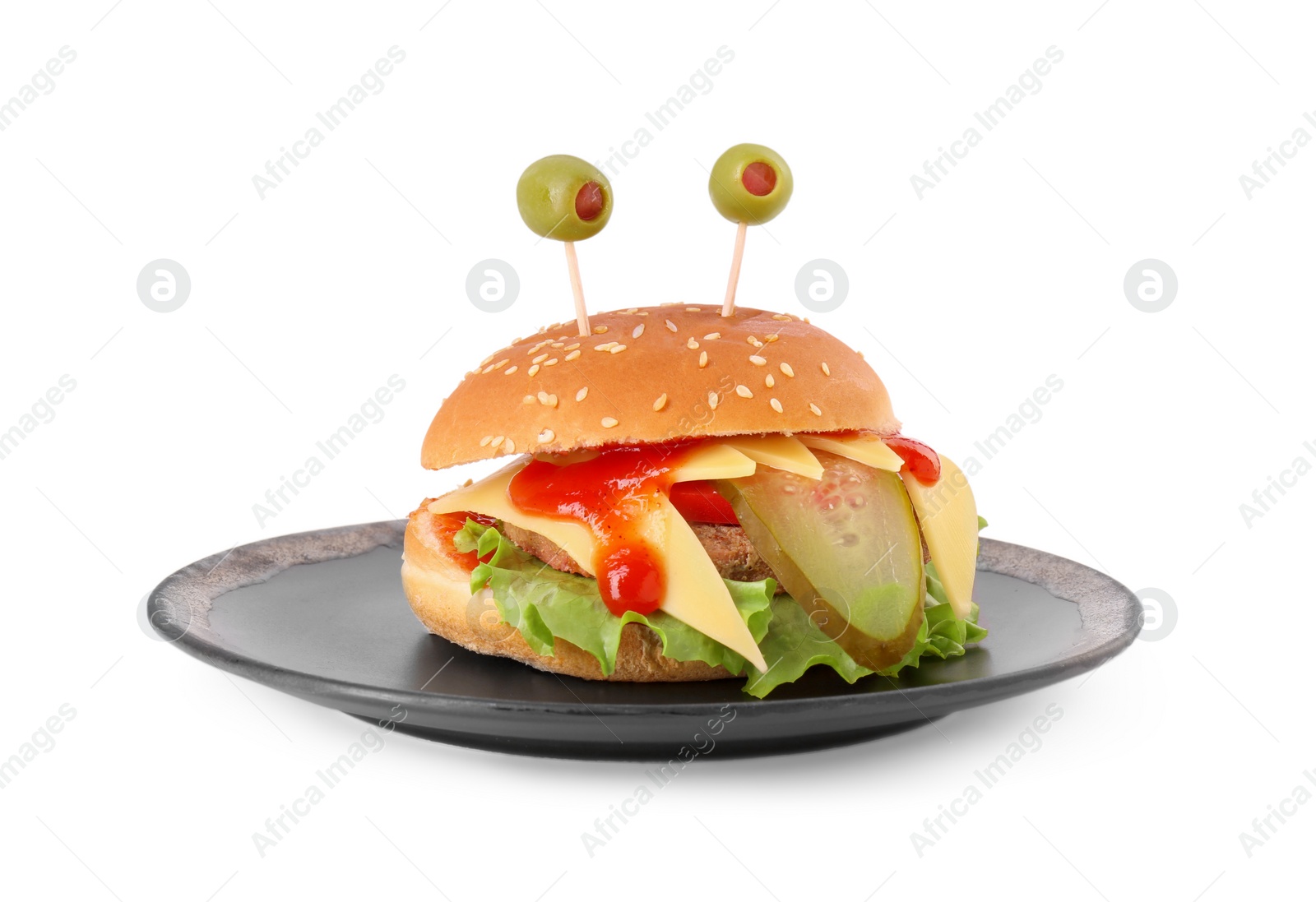 Photo of Cute monster burger isolated on white. Halloween party food