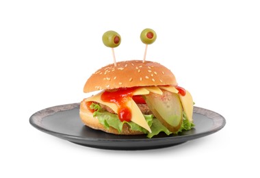 Cute monster burger isolated on white. Halloween party food