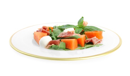 Photo of Fresh melon with prosciutto, mozzarella and basil on white background