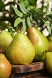 Photo of Fresh ripe pears on wooden table against blurred background