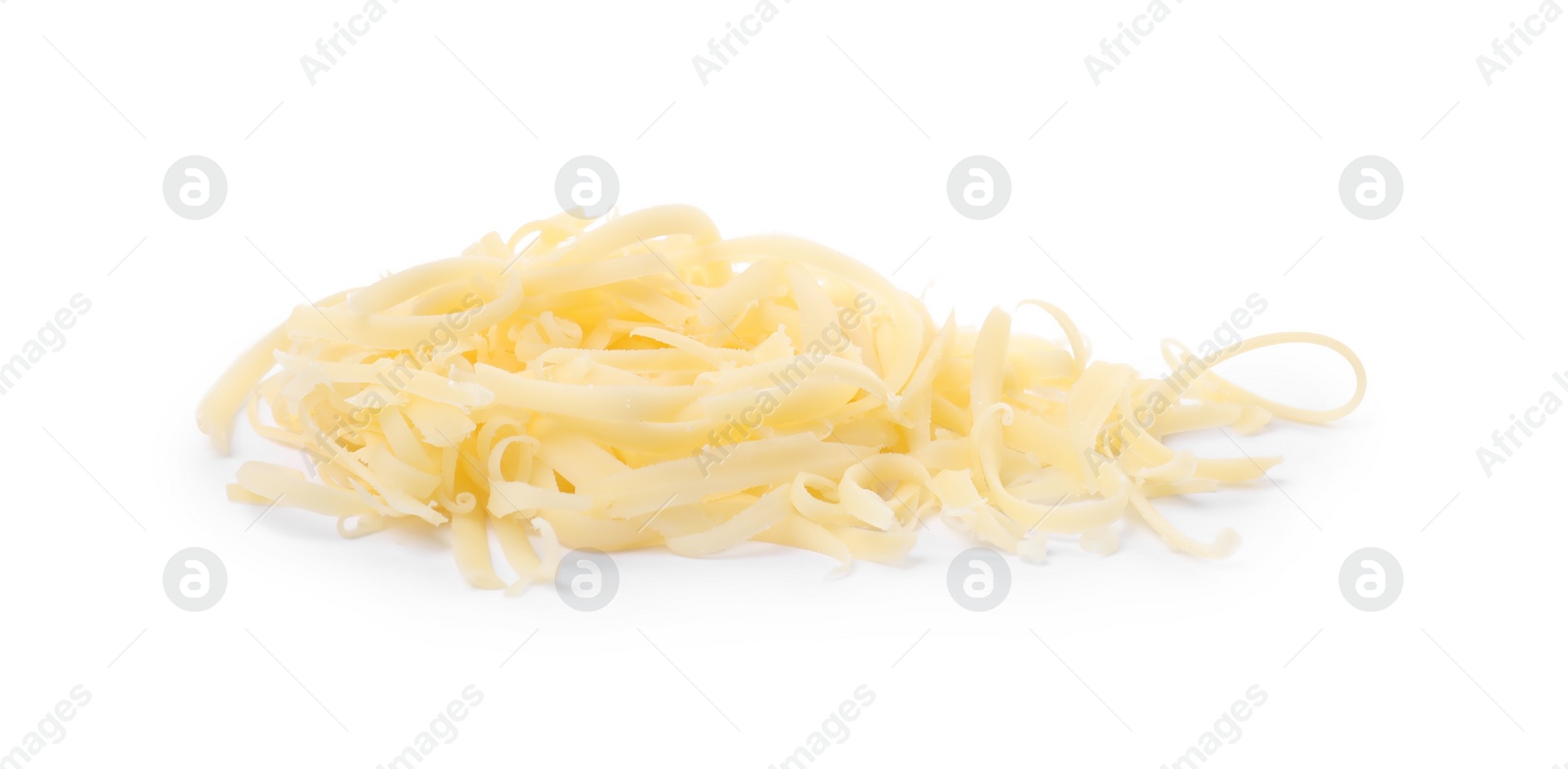 Photo of Pile of tasty grated cheese isolated on white