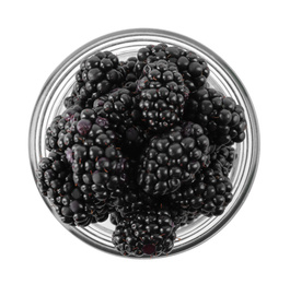 Photo of Fresh ripe blackberries in glass jar isolated on white, top view
