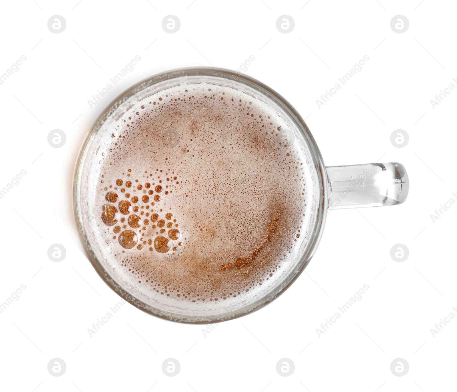 Photo of Glass mug with cold tasty beer on white background, top view