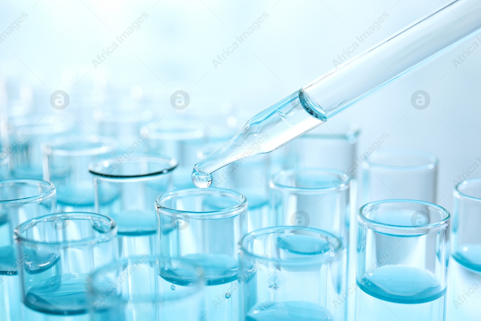 Photo of Dropping sample into test tube with light blue liquid, closeup