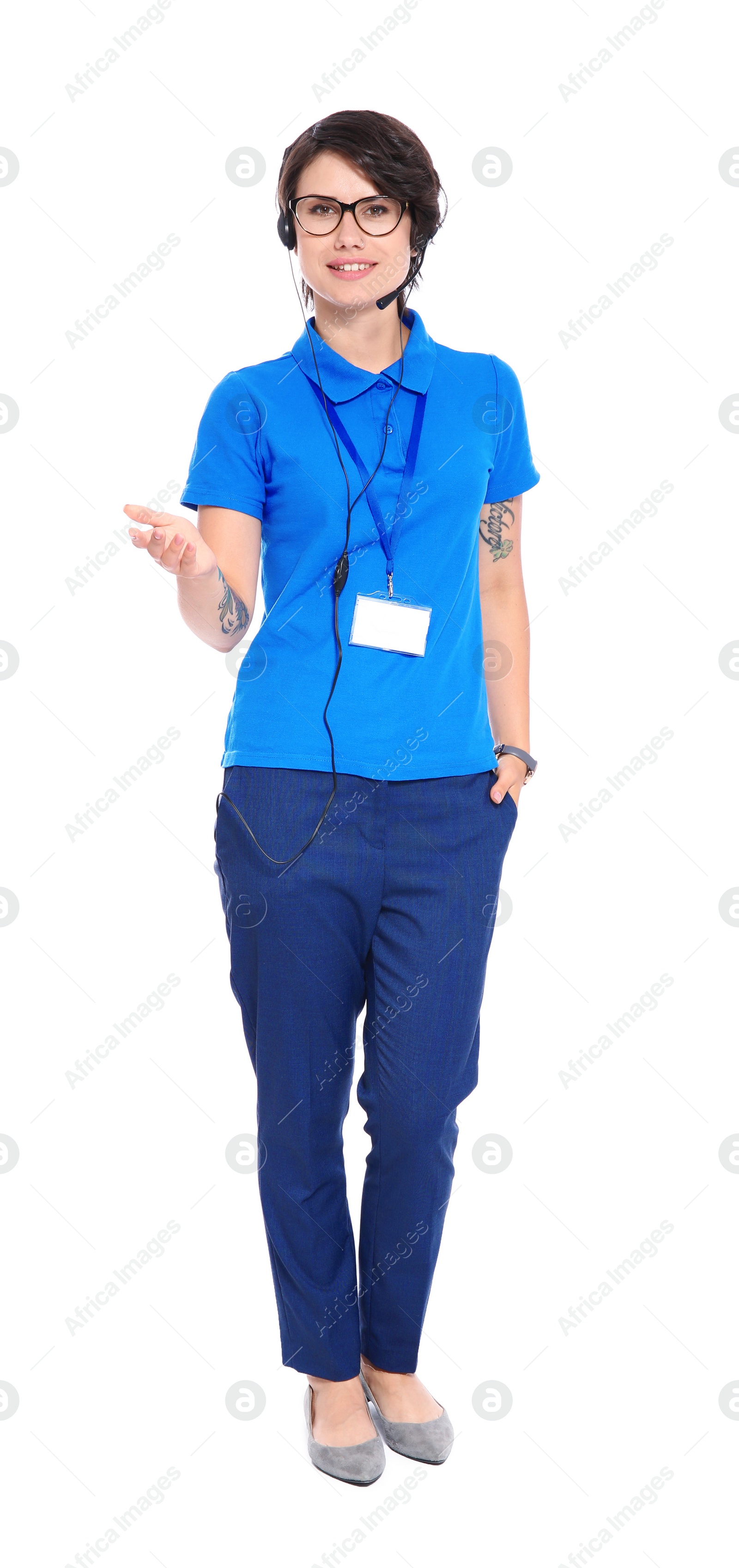 Photo of Female technical support operator with headset on white background