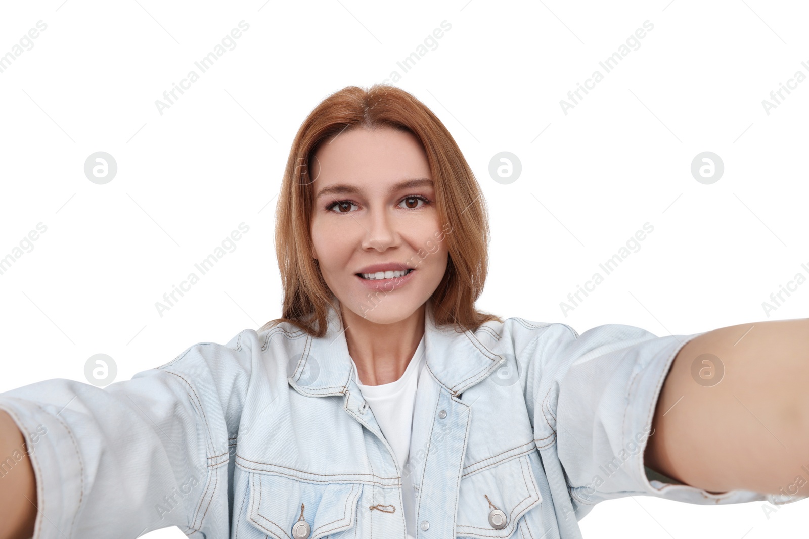 Photo of Beautiful woman taking selfie on white background