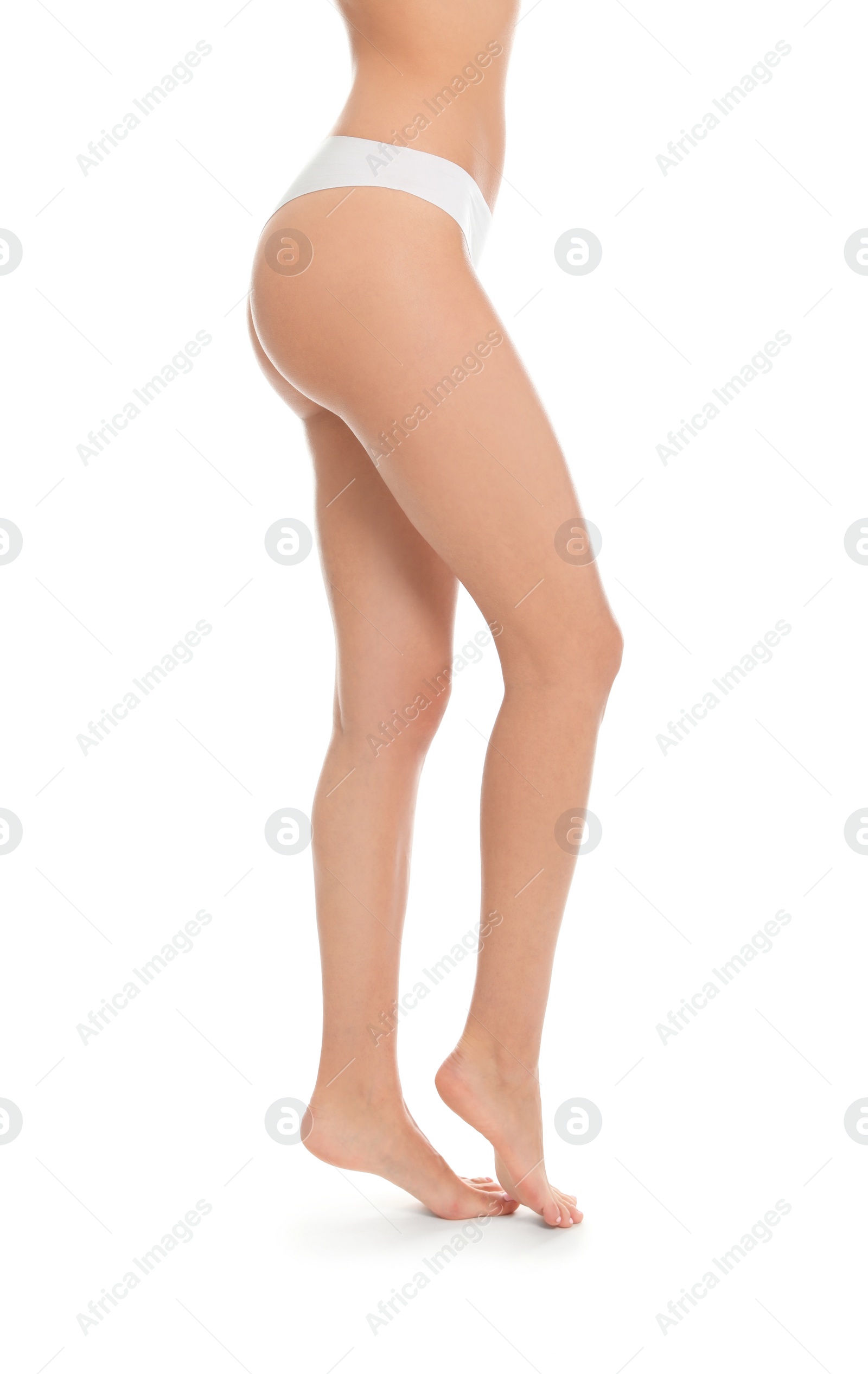 Photo of Slim young woman with smooth gentle skin on white background. Beauty and body care concept