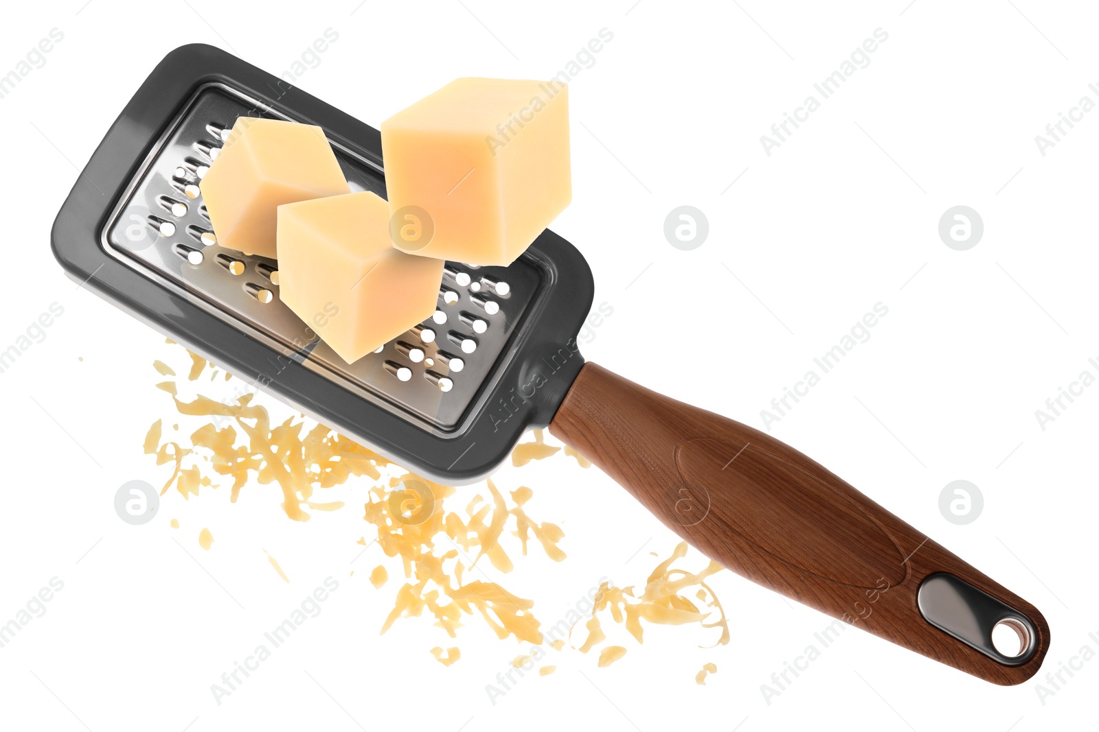 Image of Grating cheese with hand grater in air on white background