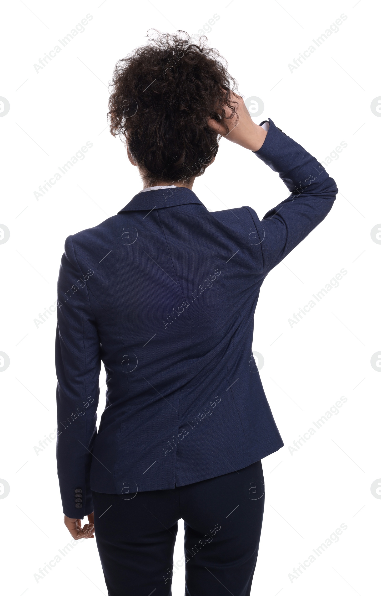 Photo of Businesswoman in suit on white background, back view