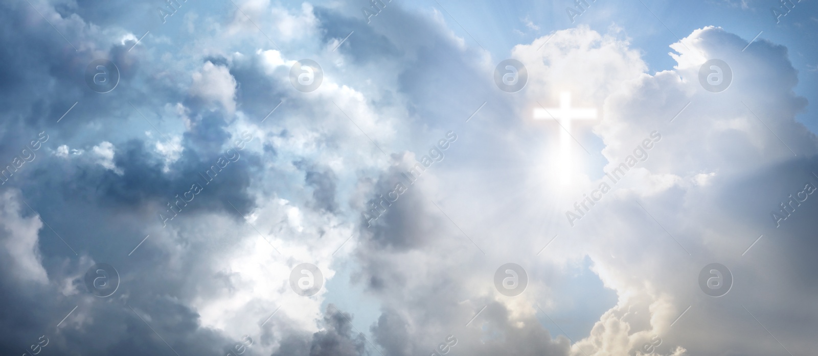 Image of Cross silhouette in sky with clouds, banner design. Resurrection of Jesus