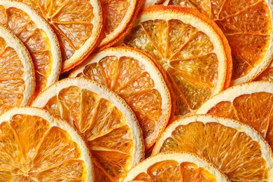 Heap of dry orange slices as background, top view