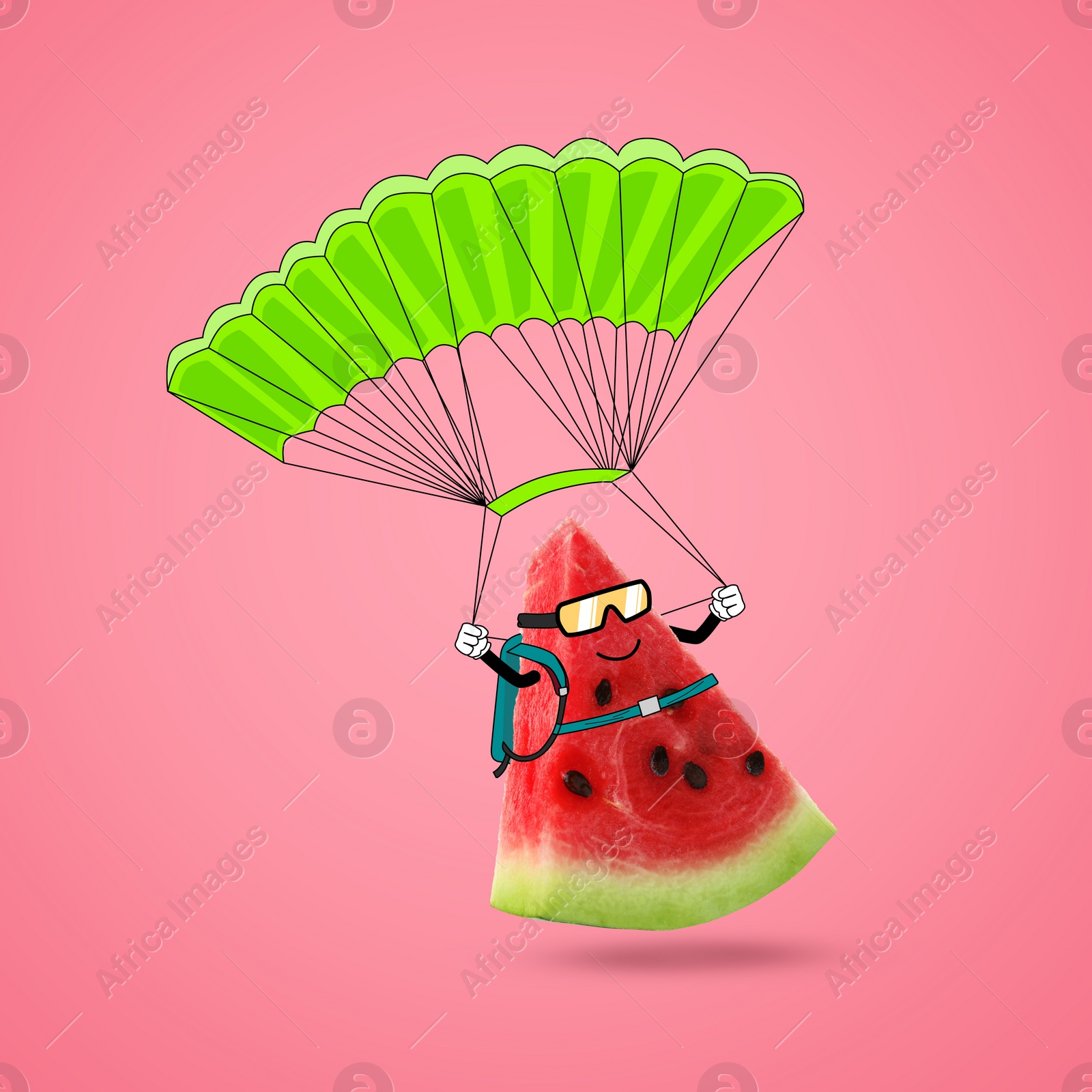 Image of Creative artwork. Watermelon with parachute landing on pink background. Slice of fruit with drawings