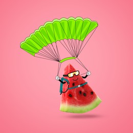 Image of Creative artwork. Watermelon with parachute landing on pink background. Slice of fruit with drawings