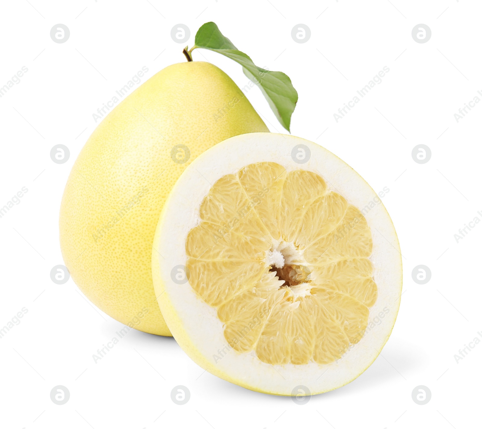 Photo of Tasty whole and cut pomelo fruits isolated on white