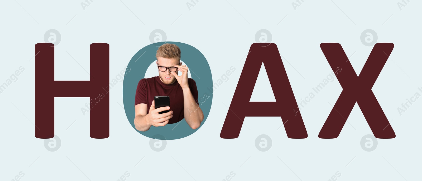 Image of Word Hoax with man using mobile phone inside letter O on light grey background, banner design