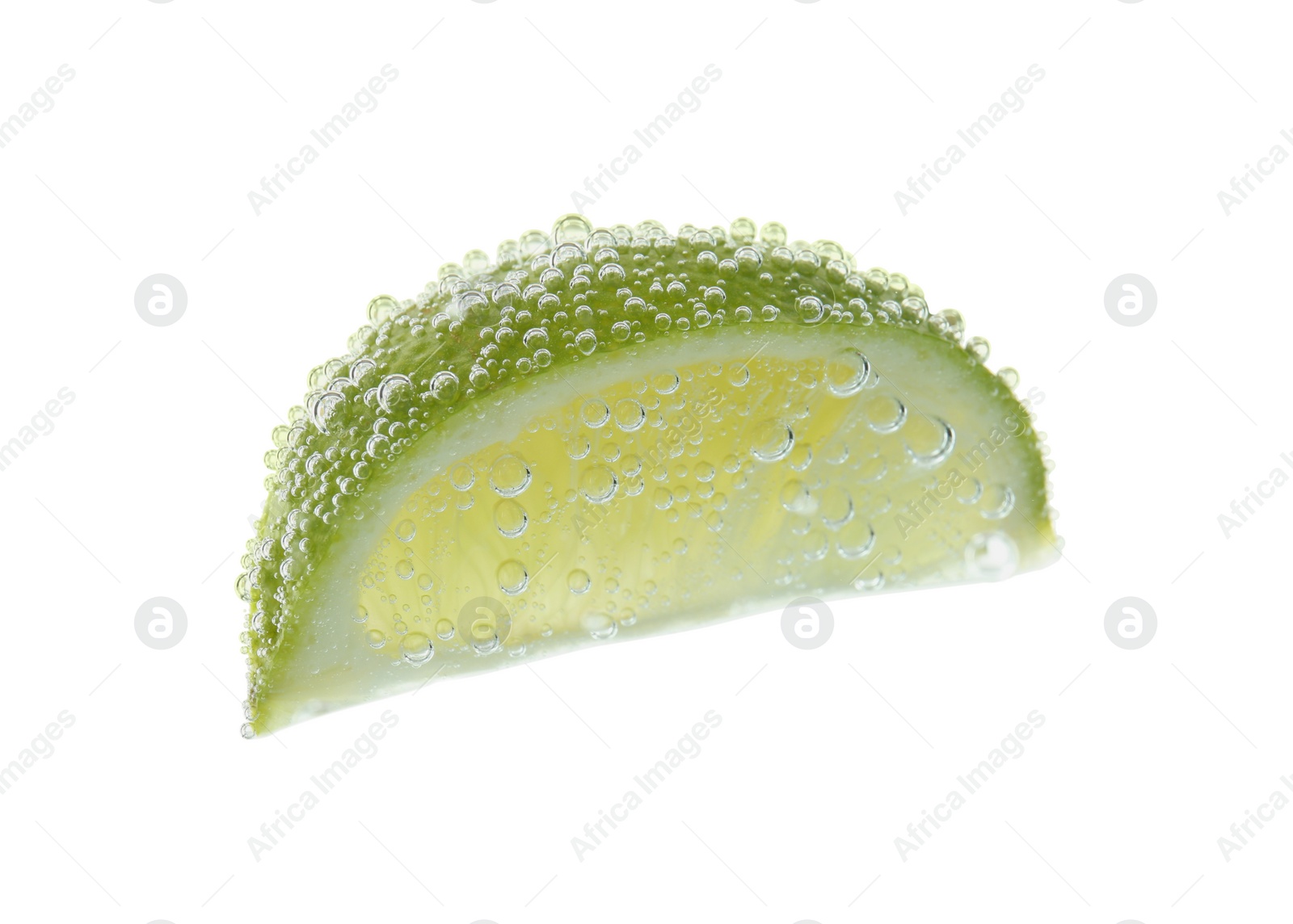 Photo of Fresh lime slice in sparkling water on white background