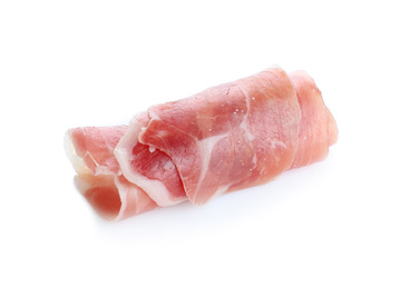 Photo of Slice of tasty prosciutto on white background