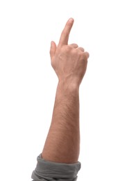 Man pointing with index finger on white background, closeup