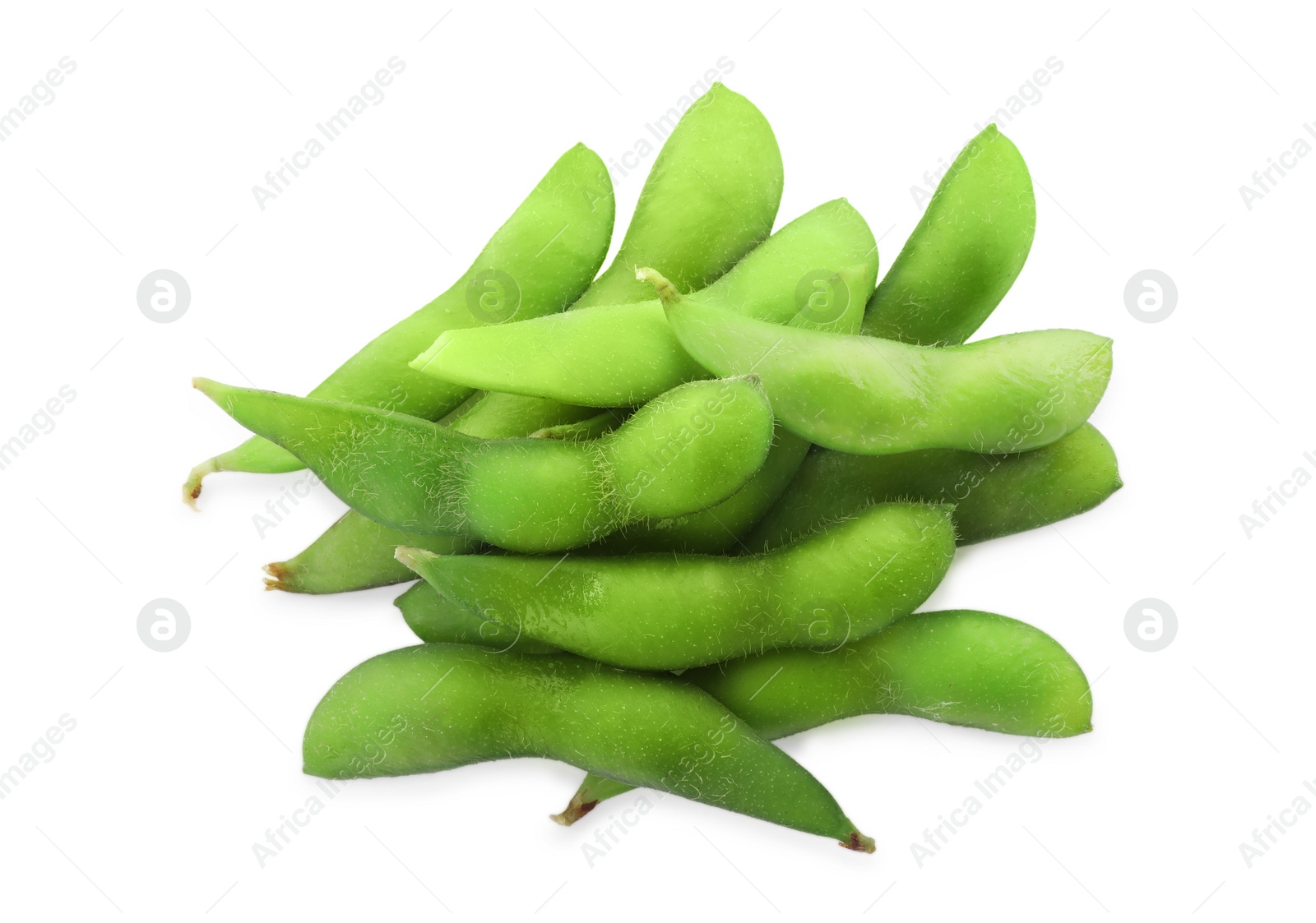 Photo of Fresh green edamame pods on white background