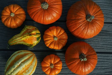 Photo of Many whole ripe pumpkins on wooden table, flat lay