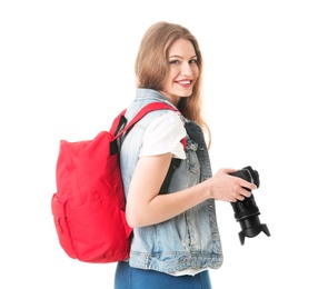 Female photographer with camera on white background