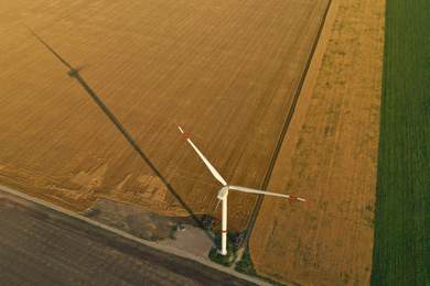 Image of Aerial view on modern wind turbine. Alternative energy source