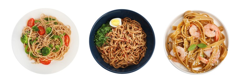 Image of Set with tasty buckwheat noodles on white background, top view. Banner design