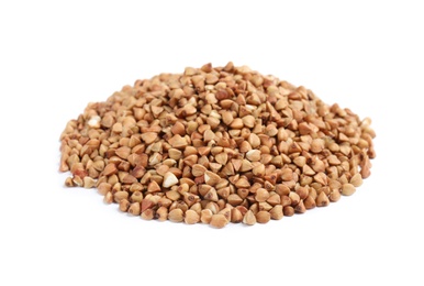 Uncooked buckwheat on white background. Healthy diet