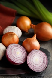 Photo of Fresh whole and cut onions, leek, garlic on grey table, closeup