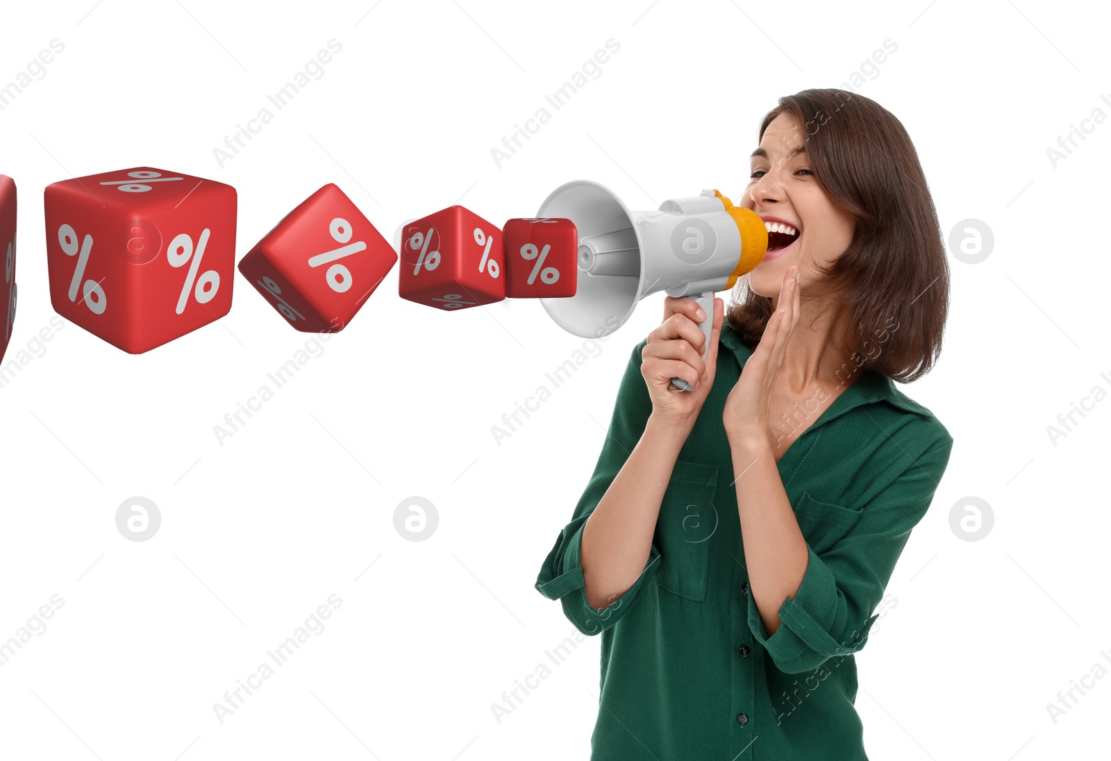 Image of Discount offer. Woman shouting into megaphone on white background. Cubes with percent signs coming out from device