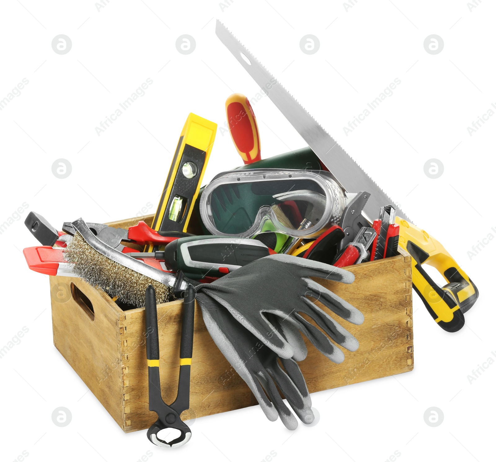 Photo of Wooden box with different tools isolated on white