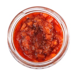 Photo of Open jar with pickled vegetables on white background, top view