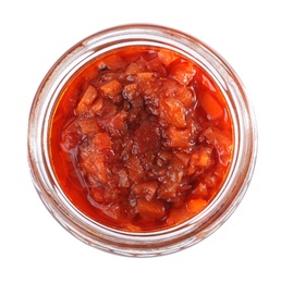 Open jar with pickled vegetables on white background, top view