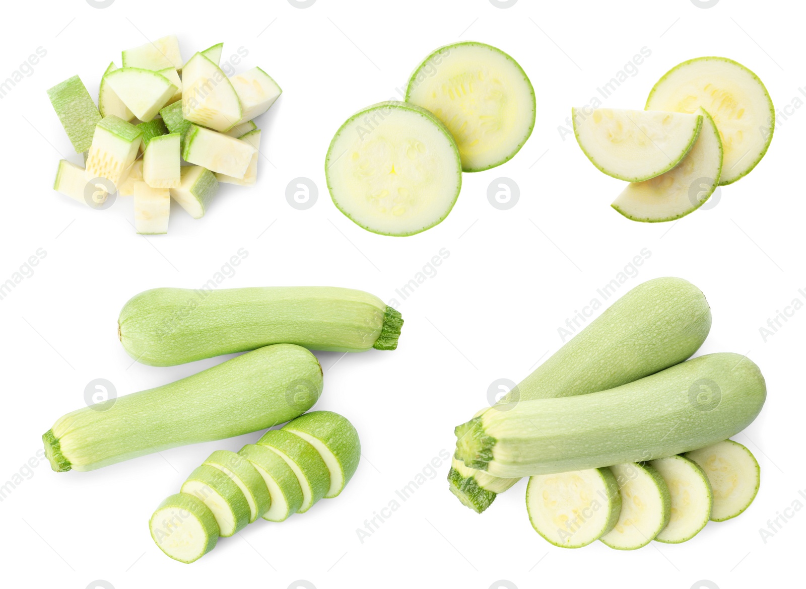 Image of Set of whole and cut squashes on white background, top view