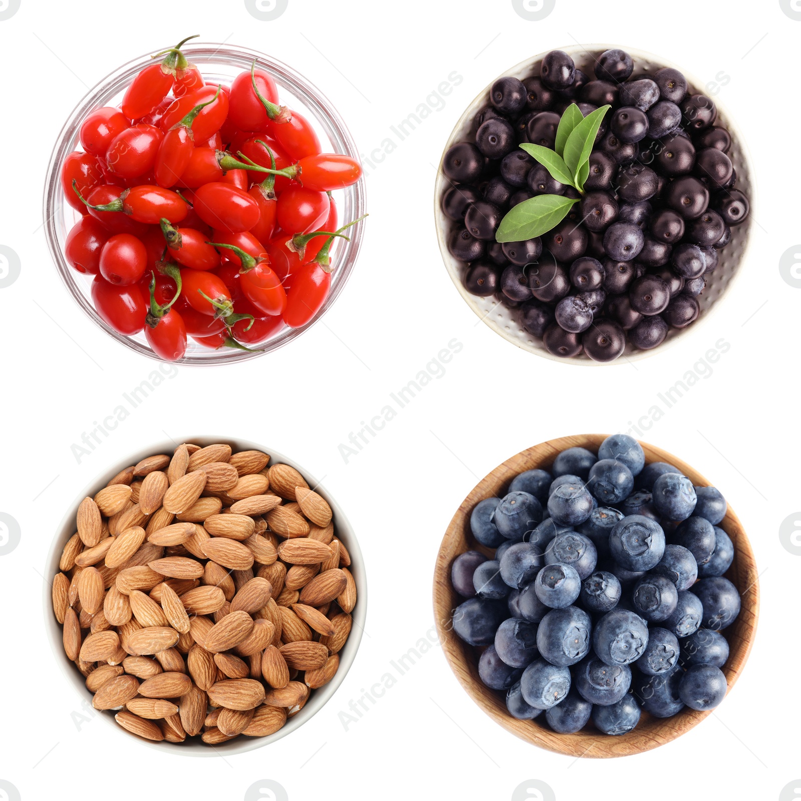 Image of Set of different superfoods on white background, top view