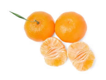 Photo of Fresh ripe juicy tangerines with green leaf on white background, above view