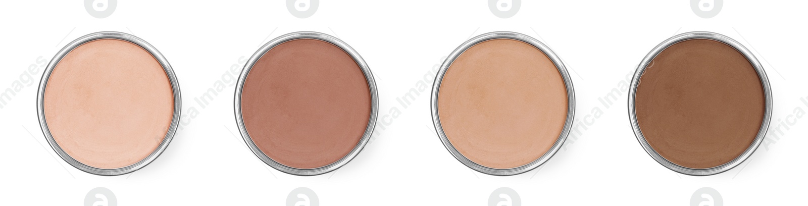 Image of Compact face powders of different shades isolated on white, collection. Top view